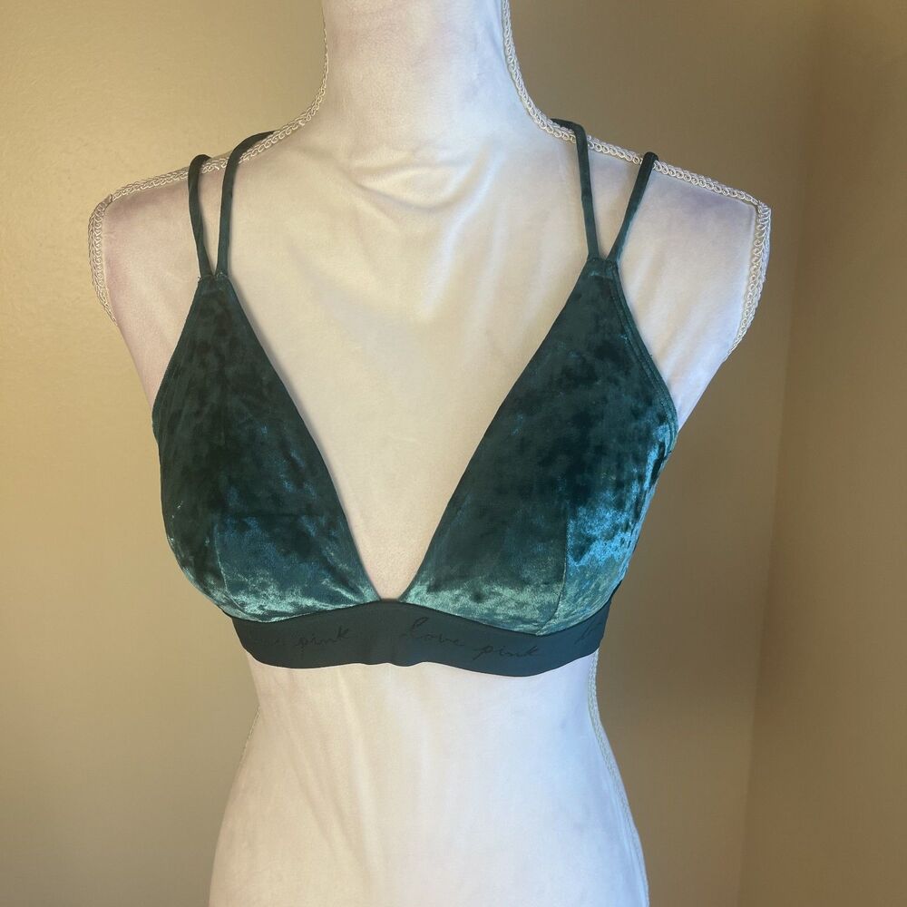 VTG Y2K Victoria's Secret PINK Green Crushed Velvet Plunge Bra S Dark Romantic